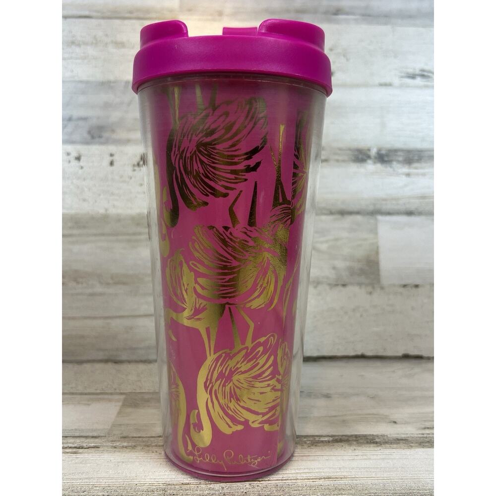 Lilly Pulitzer Pink Gold Flamingo Tumbler Travel Coffee Cup 16 oz Plastic Preppy